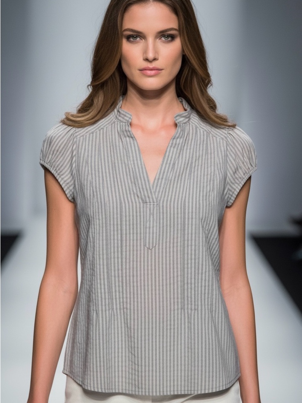 H&M Grey Pinstripe Flutter Sleeve Blouse - Split Neck Modern Professional Size S